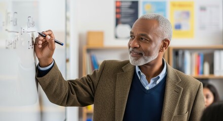Experienced teacher writing math equations on classroom board