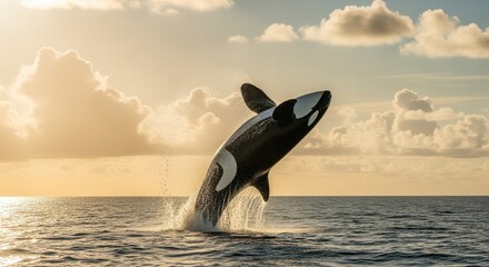 Majestic Orca Leaping From Ocean At Golden Sunset