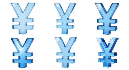 Obraz premium 3D rendering of blue translucent Japanese yen symbols on white background representing finance and economic concepts