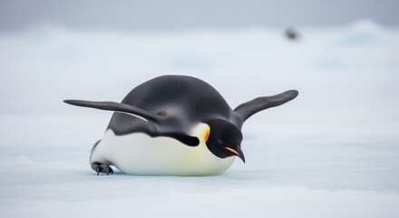 Emperor Penguin Sliding Across Snowy Antarctic Ice Field