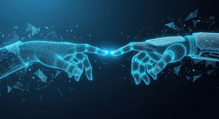 Human And Robotic Hands Reaching In Digital Connection