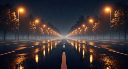 Rainy Night Street Reflections With Glowing Streetlights