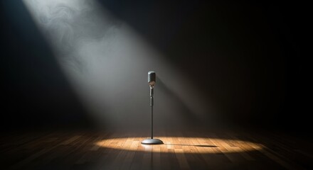 Vintage Microphone Alone on Dramatic Spotlight Stage