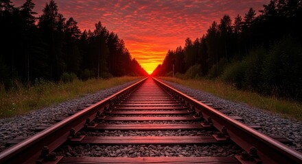 Railroad Tracks Leading Toward Fiery Sunset Horizon