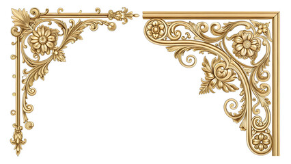 Two golden floral corner ornaments isolated on transparent background