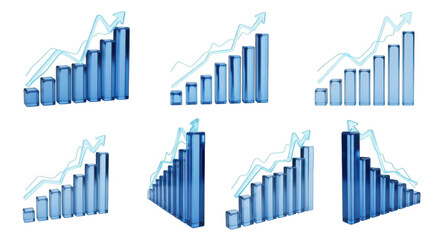 Blue 3D bar charts illustrating upward trends showcasing financial growth on a clean white backdrop perfect for business or investment presentations