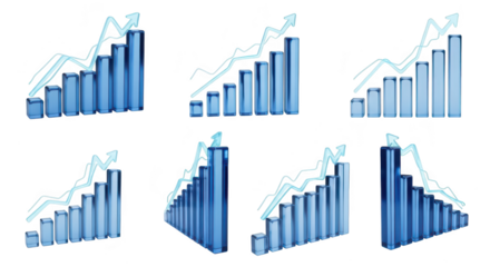 Blue 3D bar charts illustrating upward trends showcasing financial growth on a clean white backdrop perfect for business or investment presentations