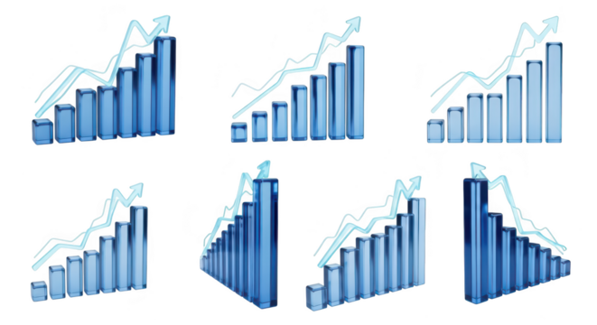 Blue 3D bar charts illustrating upward trends showcasing financial growth on a clean white backdrop perfect for business or investment presentations