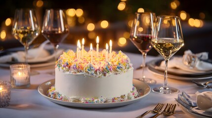 A beautifully decorated birthday cake with whipped cream frosting and rainbow sprinkles surrounded by lit candles sits on an elegant dinner table setting with wine glasses and a soft