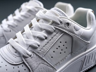 Close-up of stylish white sneakers with detailed laces and textured leather design.