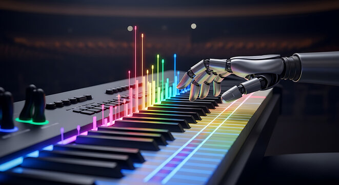 A robotic hand plays a futuristic keyboard, with colorful sound waves emanating from the keys, suggesting digital music creation and artificial intelligence.
