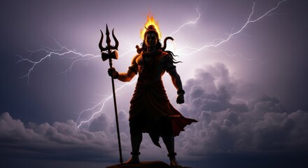 Majestic depiction of Lord Shiva amidst a dramatic tempestuous sky with lightning flashes
