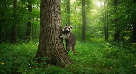 A raccoon, with distinctive masked eyes and striped tail, ascends a tree in a lush, sun-dappled forest setting. Sunlight filters through the canopy