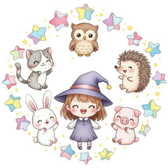 A delightful watercolor illustration showcases a charming young witch surrounded by an array of cute woodland creatures and stars. The witch, the central figure.