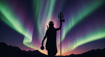 Silhouette of divinity against aurora borealis invokes spiritual contemplation and the power of