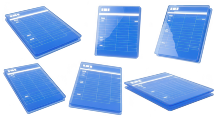 Digital futuristic blueprint records floating isolated on white background likely for financial accounting or technological concept