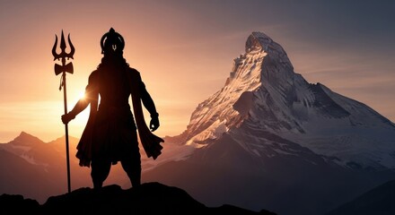 Silhouette of a deity figure with a trident against a mountainous sunset landscape vista offering