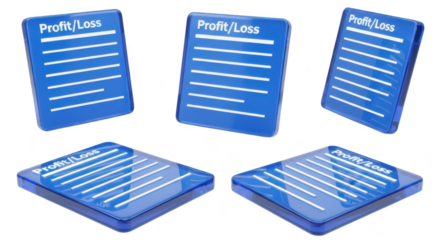 Rendered shiny blue profit/loss documents displayed in multiple angles against white backdrop suitable for finance business accounting or data analysis visual content
