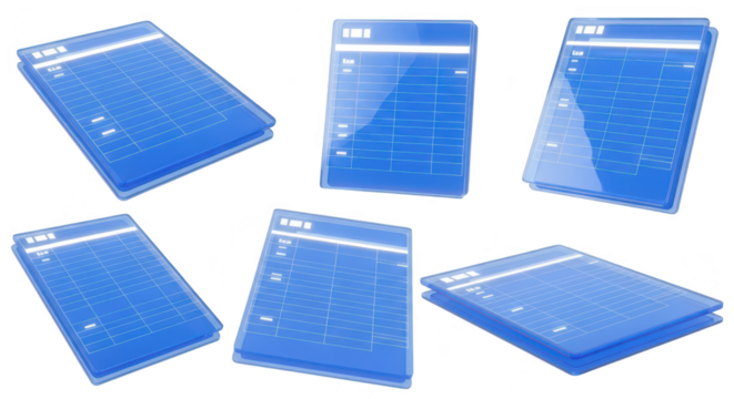 Digital futuristic blueprint records floating isolated on white background likely for financial accounting or technological concept