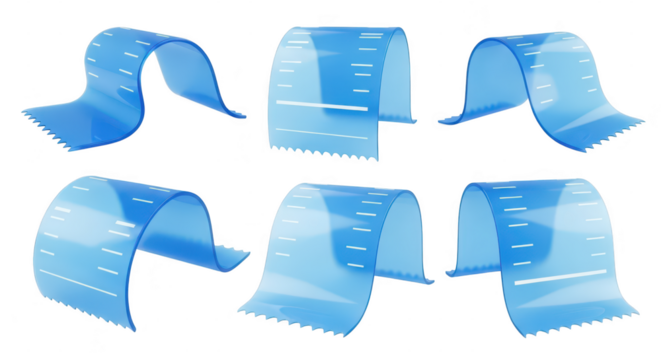 Rendered transparent blue receipts bending in various positions against a clean white background for conceptual usage