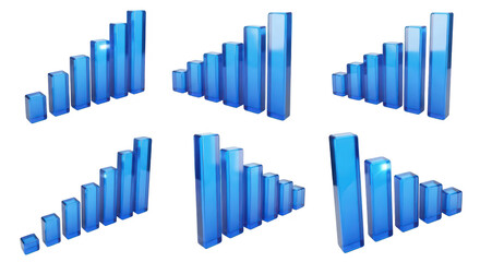 Blue 3D bar charts ascending & descending on a white background representing growth data and financial analysis