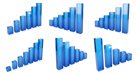 Blue 3D bar charts ascending & descending on a white background representing growth data and financial analysis
