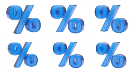 Six transparent blue percentage symbols arranged showing financial data with white background for business/sales concepts