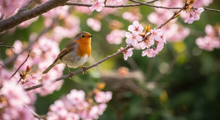 A small bird with an orange breast perches on a branch of a flowering tree. Pink blossoms surround the avian, blurred background