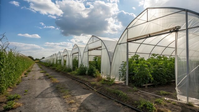 Row of agricultural greenhouses with lush green crops under a cloudy blue sky