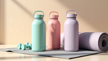 Pastel water bottles with yoga mat and dumbbells on a neutral surface