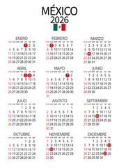 2026 Mexico calendar with all official holidays marked, clear vertical design ideal for editorial or commercial publications, government offices, and schools