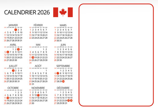 2026 Canada calendar in French with national holidays marked, horizontal design with free space ideal for institutional material, corporate agendas, or custom design