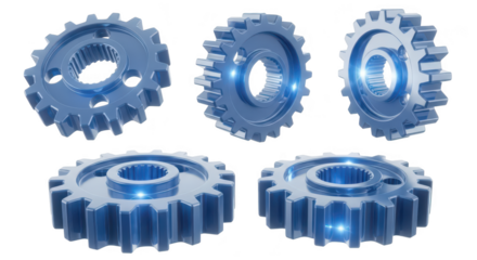 Rendered blue gears isolated on white Multiple angles showcase mechanical parts with glowing highlights ideal for illustrations of technology and engineering