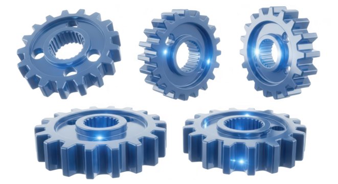 Rendered blue gears isolated on white Multiple angles showcase mechanical parts with glowing highlights ideal for illustrations of technology and engineering