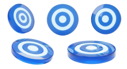 Five glass target icons various angles white background for goal success business concepts