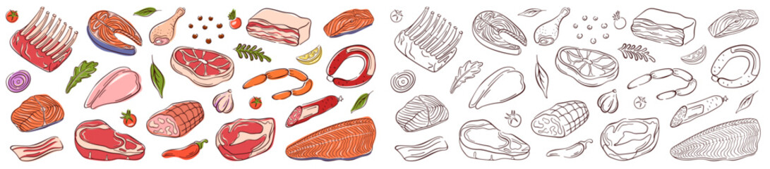 Meat and salmon fish big collection with steak, sausage, drumstick, bacon, fillet, vegetable, herb and spice in flat and line art style. Perfect for delivery logo, restaurant wallpaper and recipe book