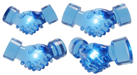 Four blue glass handshakes on white representing partnerships agreements and teamwork often used in business or marketing contexts