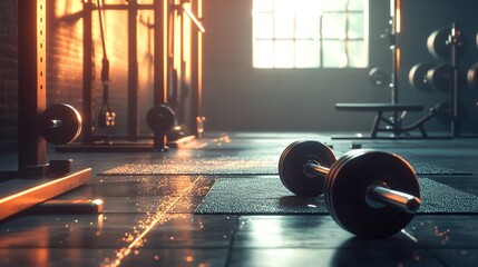 A gym interior with barbells and weightlifting equipment in a dimly lit training space area scene