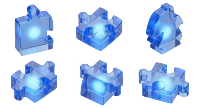 Transparent blue jigsaw puzzle pieces are isolated on a white background symbolizing solutions and problem-solving