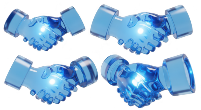 Four blue glass handshakes on white representing partnerships agreements and teamwork often used in business or marketing contexts