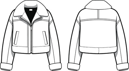 Cad drawing flat vector illustration of a stylish shearling collar winter jacket with zip front, pockets, and cozy cuffs design © Bokul Creatives