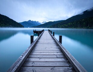 serene scene of dock in lake, tranquil	