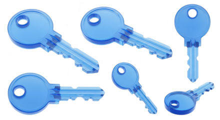 Five translucent blue keys isolated on white showing security access and opening concepts