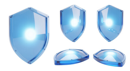Transparent blue shields arranged on a white background showing different angles to symbolize protection security or digital safety
