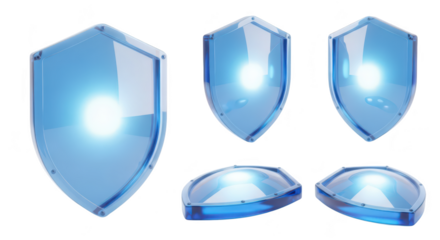 Transparent blue shields arranged on a white background showing different angles to symbolize protection security or digital safety