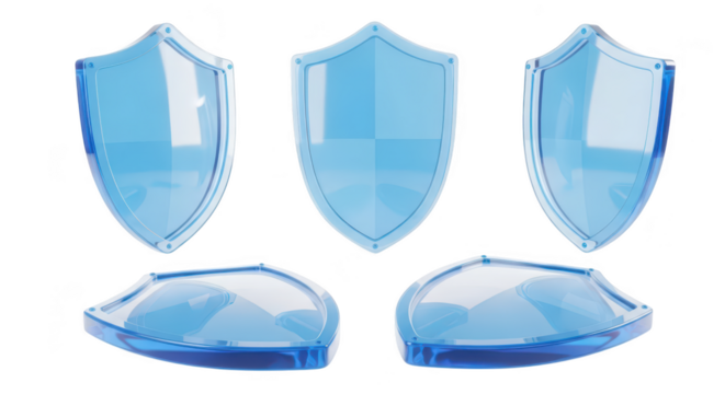 Transparent blue shields in various angles symbolizing protection and security isolated on a clean white background Ideal for cybersecurity or insurance themes