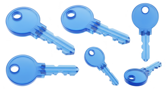 Five translucent blue keys isolated on white showing security access and opening concepts