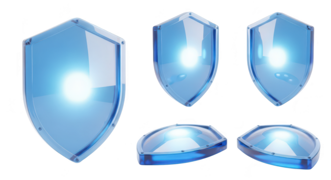 Transparent blue shields arranged on a white background showing different angles to symbolize protection security or digital safety