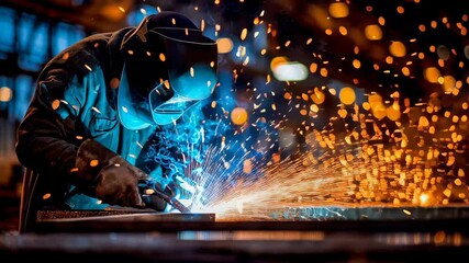 Dramatic close up of industrial welder working with bright sparks flying, wearing protective gear factory metalwork and welding workshop environment