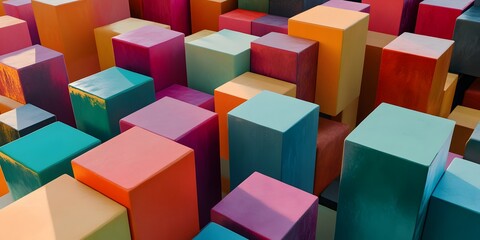 A vibrant array of colorful cubes creating an abstract and playful geometric landscape design art